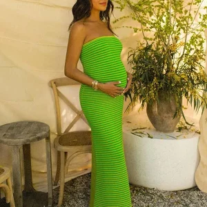 Chicnmom Vestidos Premamá Noche Largos Elegantes de Tubo y Ajustado con Estampado en Rayas para Embarazadas Vacaciones