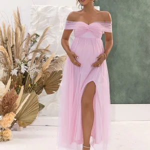 Chicnmom con Cuello Bardot Tul Abertura vestidos para embarazadas