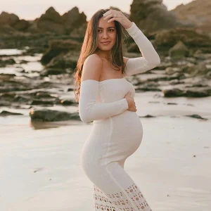 Chicnmom Mama Vestido Suéter De Premamá Delargo Con Hombros Descubiertos Para Sesión De Fotos De Sirena Con Corte De Borlas De Punto Y Manga Larga